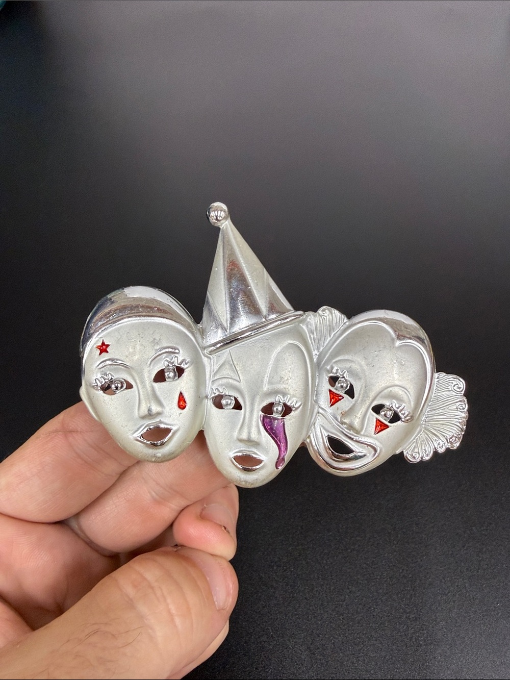 AJC Silvertone Three Clown Face Brooch Pin